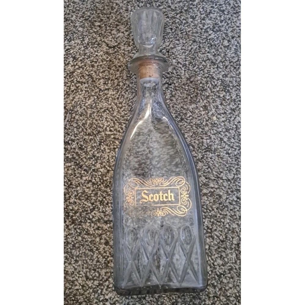 Vintage‎ MCM Glass Scotch Decanter With Gold Printing & Cork Lined Glass Stopper